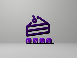 3D illustration of cake graphics and text made by metallic dice letters for the related meanings of the concept and presentations. background and bakery