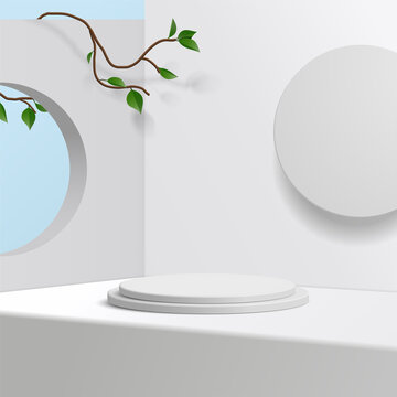 Cylinder white podium mock up in white background with leaves. product presentation, mock up, scene to show cosmetic product, Podium, stage pedestal or platform. simple clean design 3d vector
