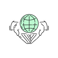 Hands holding a planet - charity icon for world environment protection.