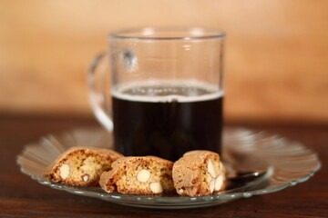 Italian almond biscuits cantuccini and coffee cup