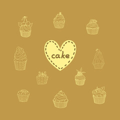 Various cakes and desserts on a brown background. Vector illustration.