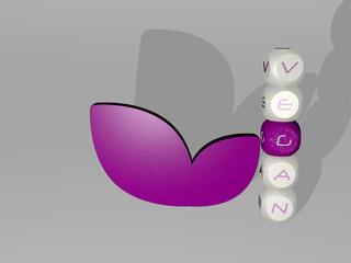 3D graphical image of VEGAN vertically along with text built around the icon by metallic cubic letters from the top perspective. excellent for the concept presentation and slideshows. food and