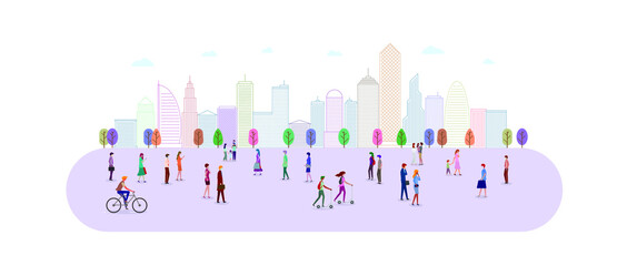 A group of people in the city park. People in various gestures, such as standing, walking, talking with mobile phone. Website header or banner design. Vector illustration.