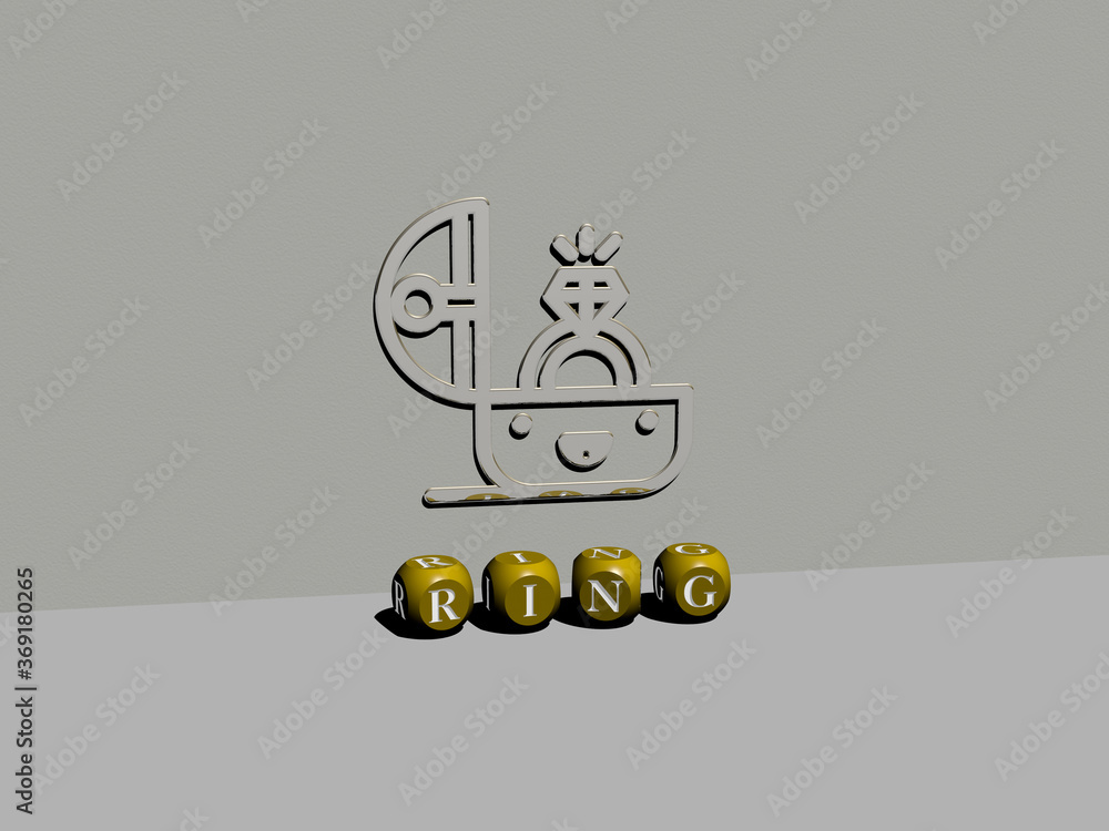 Poster 3d representation of ring with icon on the wall and text arranged by metallic cubic letters on a mir