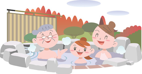 親子三代紅葉の露天風呂でのんびり