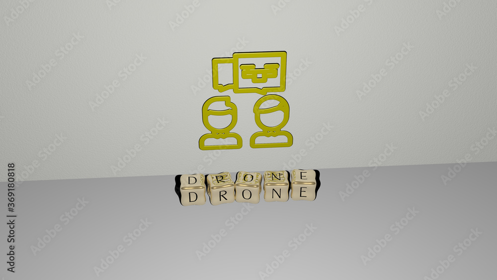 Poster 3d illustration of drone graphics and text made by metallic dice letters for the related meanings of