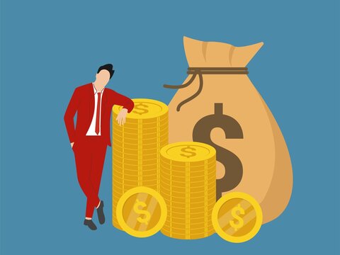 Businessman with red blazer leaning on money vector illustration. rich young man concept.