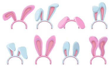 Set of Easter masks with rabbit ears in pink and blue vector illustration isolated.