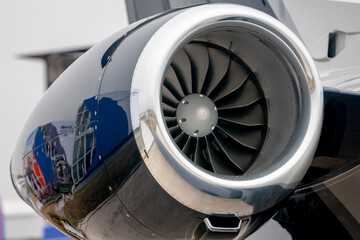 Aircraft jet engine with turbine blades.