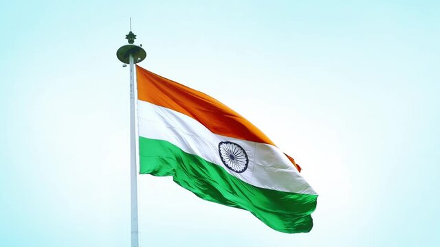 INDIA FLAG FLYING HIGH WITH PRIDE, india flag fluttering slow motion, india independence day and republic day of india, tilt up shot