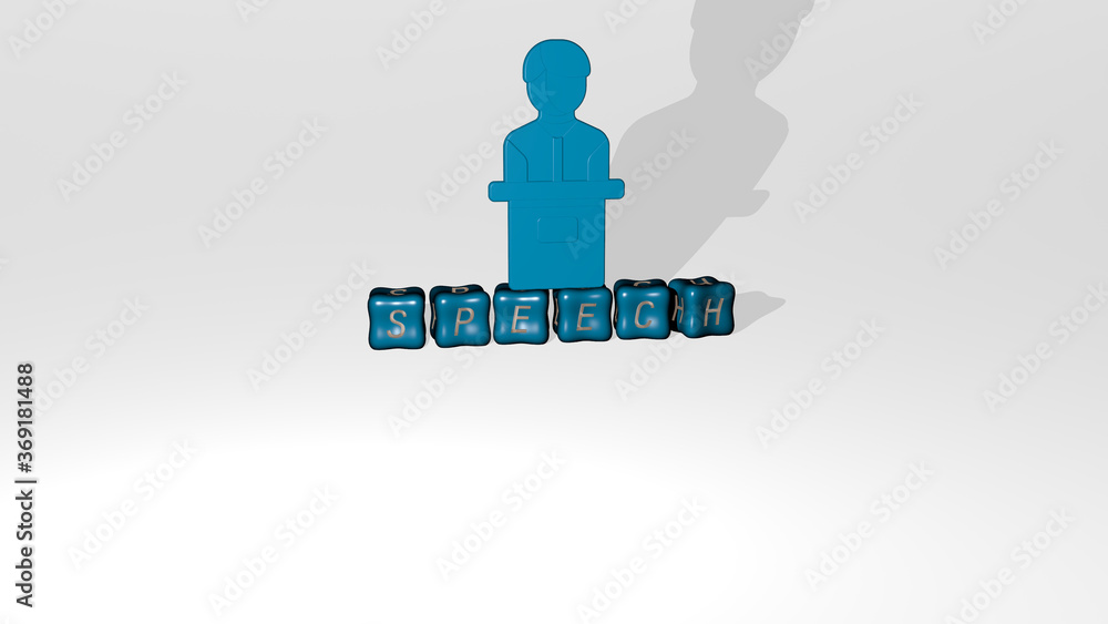 Poster 3D representation of SPEECH with icon on the wall and text arranged by metallic cubic letters on a mirror floor for concept meaning and slideshow presentation. illustration and bubble