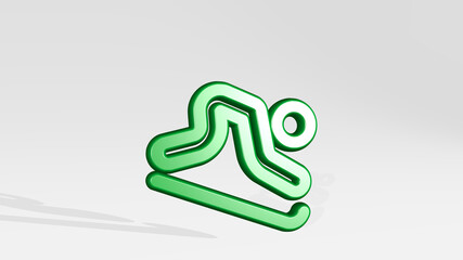 skiing board slide from a perspective with the shadow. A thick sculpture made of metallic materials of 3D rendering. winter and illustration