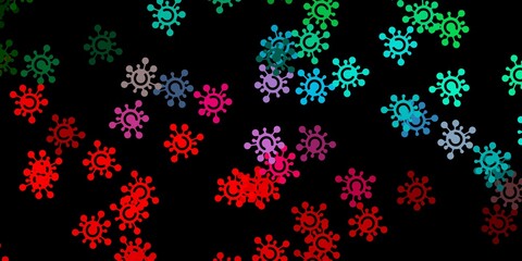 Dark green, red vector background with covid-19 symbols.