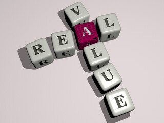 crosswords of REAL VALUE arranged by cubic letters on a mirror floor, concept meaning and presentation. estate and house