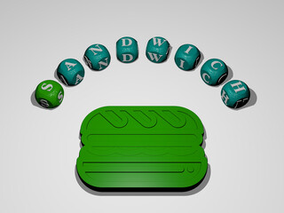 3D illustration of sandwich graphics and text around the icon made by metallic dice letters for the related meanings of the concept and presentations. food and bread