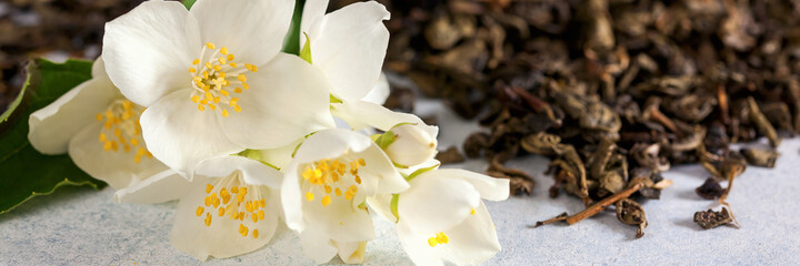 Dry tea with jasmine flowers. Selective focus