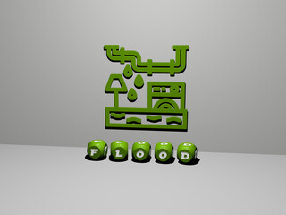 3D illustration of flood graphics and text made by metallic dice letters for the related meanings of the concept and presentations. water and river