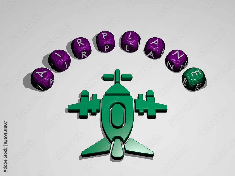 Poster 3d representation of airplane with icon on the wall and text arranged by metallic cubic letters on a