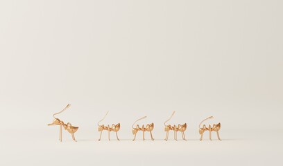 Team of ants working as a team. Gold ant action standing. A line of worker ants marching in search of food. Trendy 3d render for team work together, social media banners