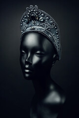 Black head of mannequin in creative metal kokoshnick with jewels