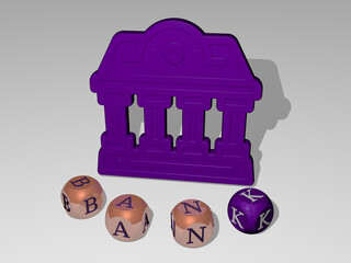 3D representation of bank with icon on the wall and text arranged by metallic cubic letters on a mirror floor for concept meaning and slideshow presentation. business and illustration