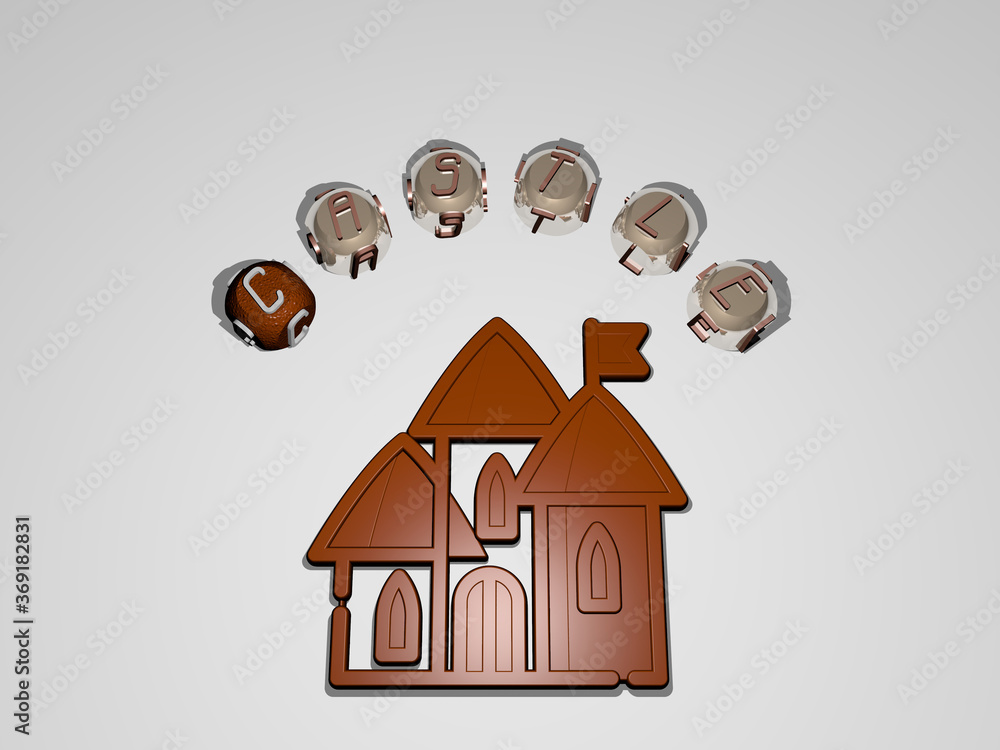 Poster 3d illustration of castle graphics and text around the icon made by metallic dice letters for the re
