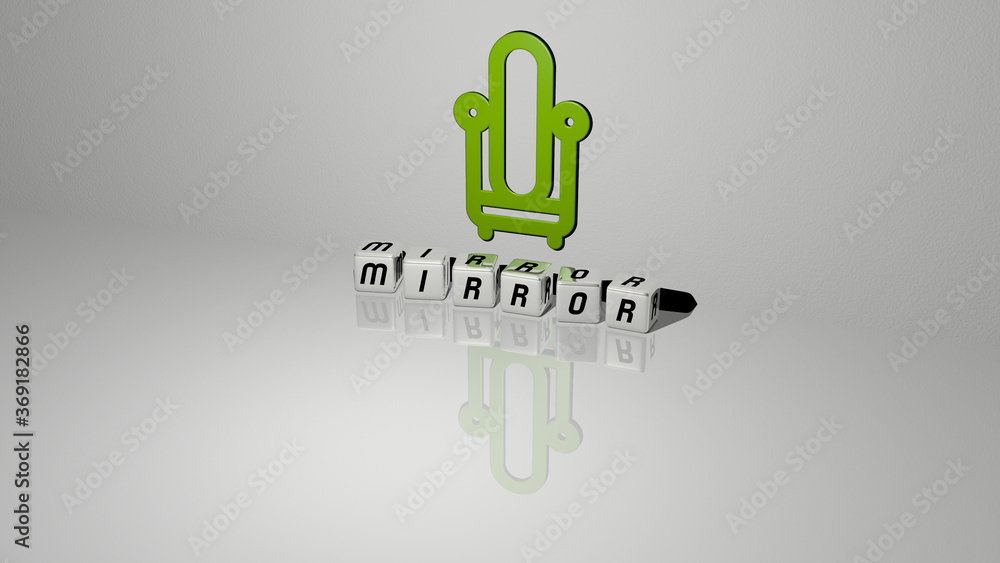 Poster 3d graphical image of mirror vertically along with text built by metallic cubic letters from the top