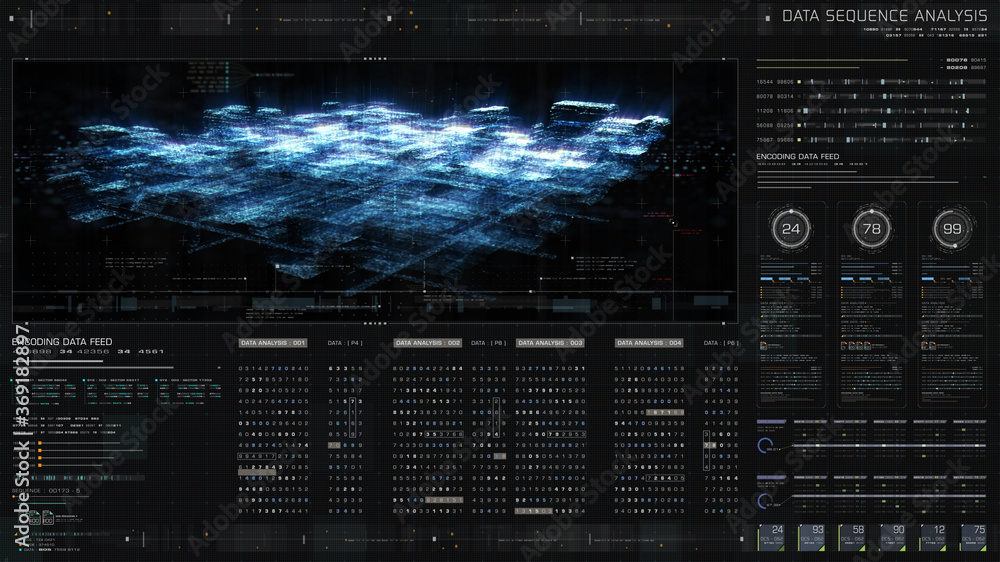 Poster Futuristic holographic simulation of artificial neural networks, artificial intelligence deep learning performing analytic computational head up display background