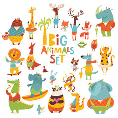 Big vector cartoon set of Wild animals funny characters in flat style