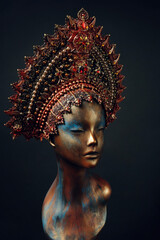 Head of woman mannequin in red decorated head wear, black studio background