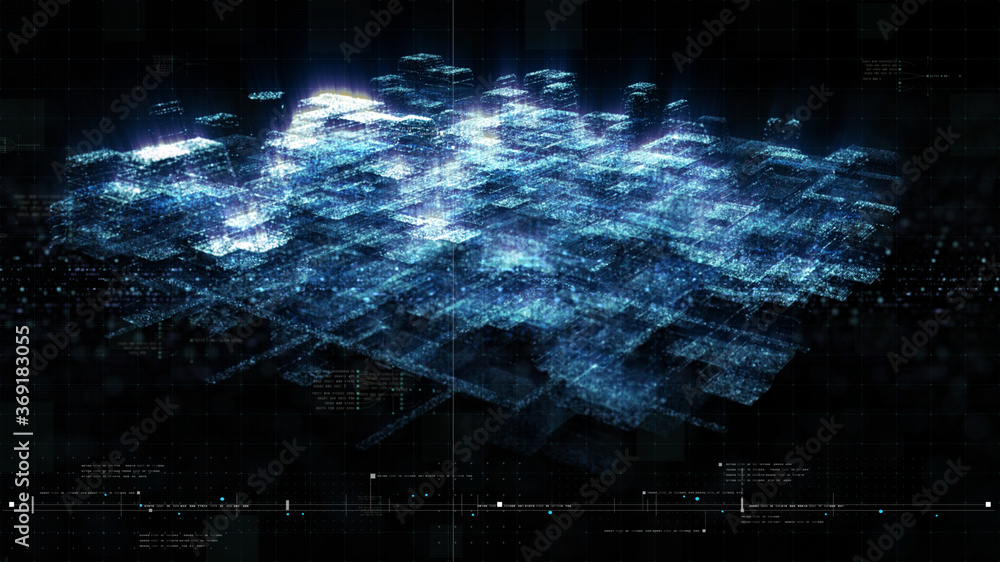 Poster Futuristic holographic simulation of artificial neural networks, artificial intelligence deep learning performing analytic computational head up display background