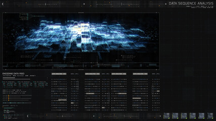 Futuristic holographic simulation of artificial neural networks, artificial intelligence deep learning performing analytic computational head up display background