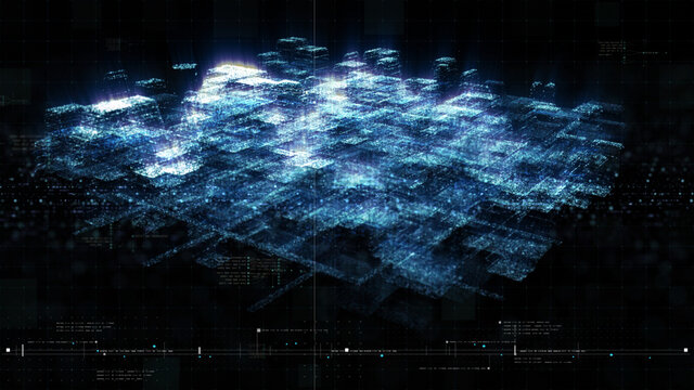 Futuristic holographic simulation of artificial neural networks, artificial intelligence deep learning performing analytic computational head up display background