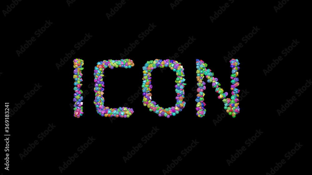Poster icon written in 3d illustration by colorful small objects casting shadow on a black background. desi
