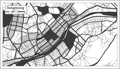 Gangneung South Korea City Map in Black and White Color in Retro Style.