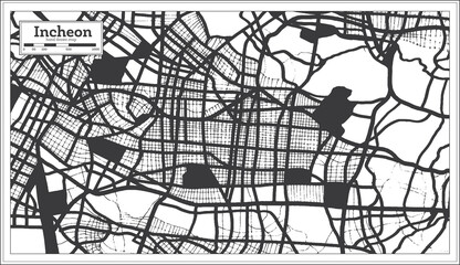 Incheon South Korea City Map in Black and White Color in Retro Style.
