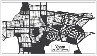 Yeosu South Korea City Map in Black and White Color in Retro Style.