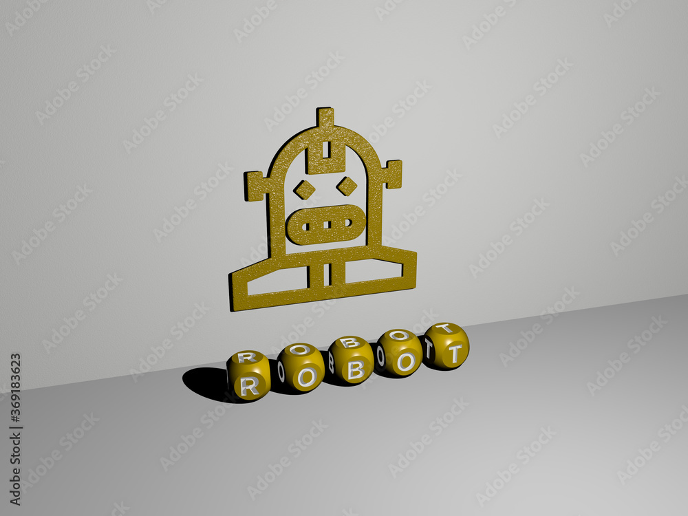 Poster 3d illustration of robot graphics and text made by metallic dice letters for the related meanings of