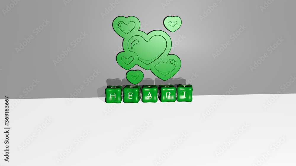 Poster 3d representation of heart with icon on the wall and text arranged by metallic cubic letters on a mi