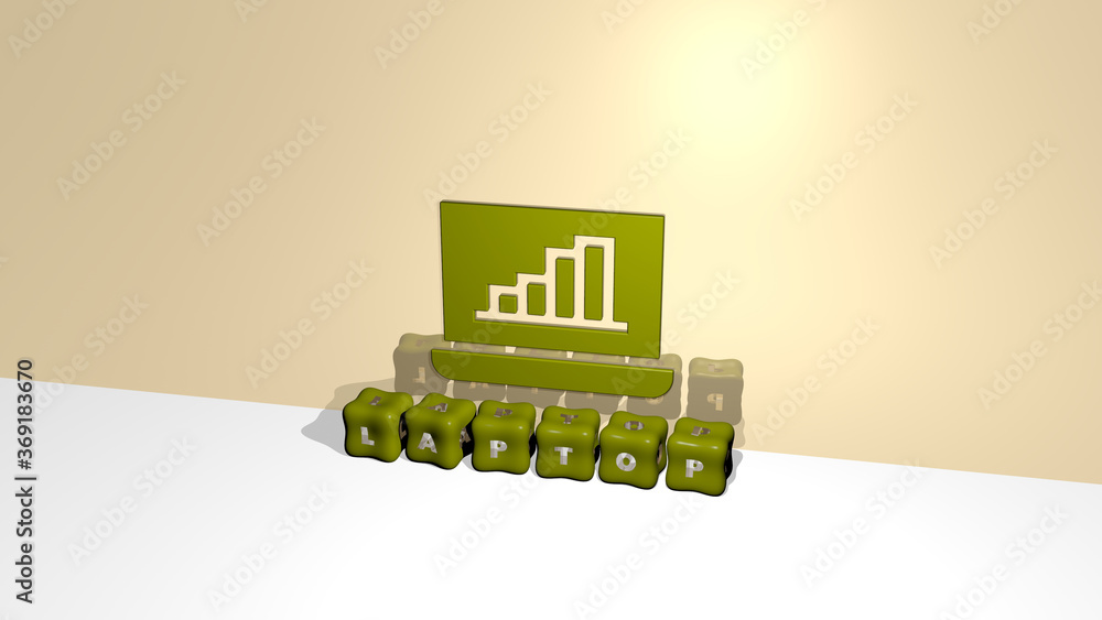 Poster 3d representation of laptop with icon on the wall and text arranged by metallic cubic letters on a m