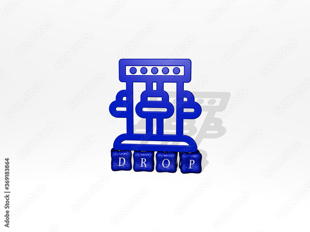 Poster 3d graphical image of drop vertically along with text built by metallic cubic letters from the top p