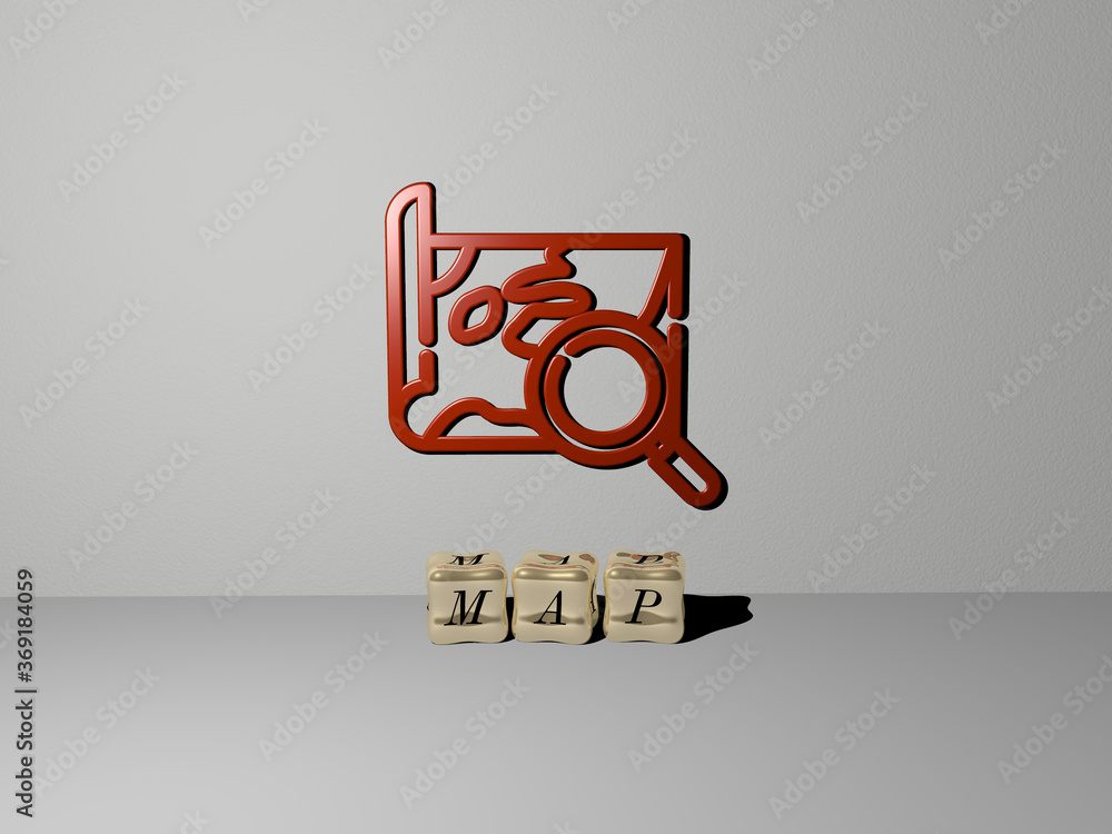 Poster 3d representation of map with icon on the wall and text arranged by metallic cubic letters on a mirr