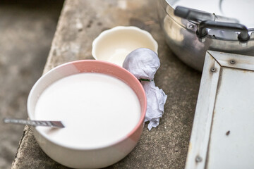 A blurry abstract background of coconut milk, for water to cook or make desserts with a deliciously fragrant flavor