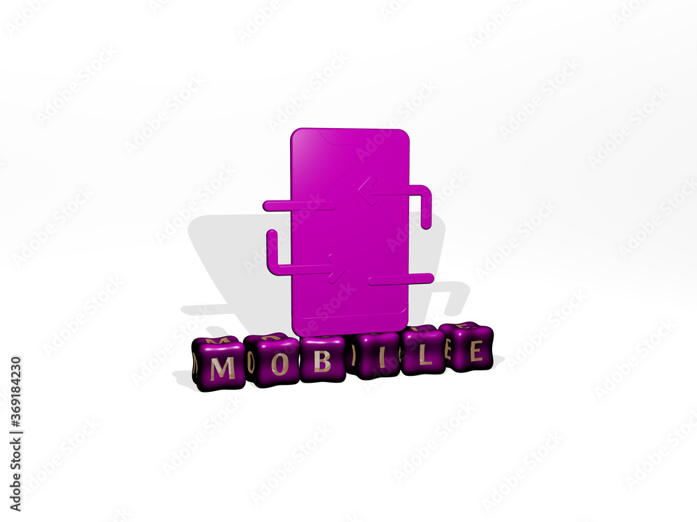 Poster 3d representation of mobile with icon on the wall and text arranged by metallic cubic letters on a m