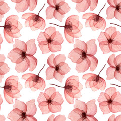 Seamless pattern red delicate, transparent poppy flowers with veins, watercolor on a white background. For wedding designs and postcards.