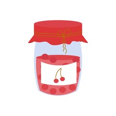 Jar with cherry jam, home made tasty dessert isolated on white background in doodle style stock vector illustration