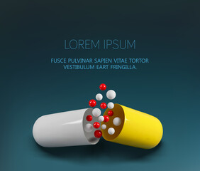 Vector medical template. Opened yellow capsule isolated on dark background. Element for design. Realistic illustration. 3d