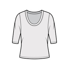 Scoop neck jersey shirt technical fashion illustration with elbow sleeves, oversized body. Flat sweater apparel template front, grey color. Women, men unisex outfit top CAD mockup