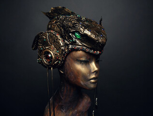 Bronze head of mannequin in decorated bronze headpiece, dark studio background