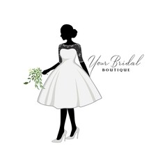Beautiful Bride Brocade Short Gown with Bouquet Flower, Bridal Boutique Logo, Bridal Gown Logo Vector Design Template
